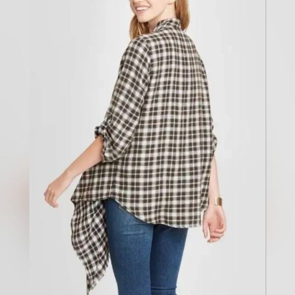Knox Rose Dark Brown White Plaid Open Waterfall Shawl Cardigan Size Large - Picture 12 of 12